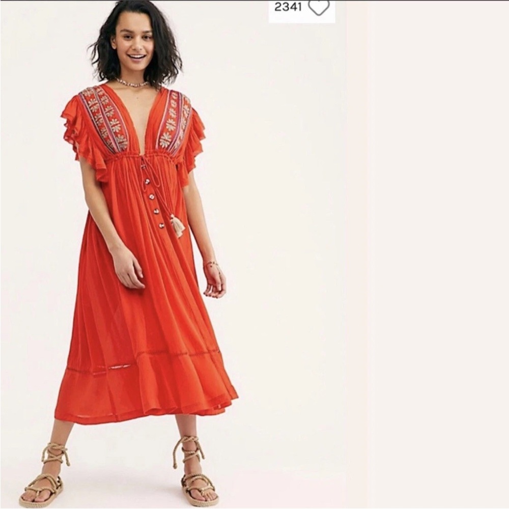 Free People Bali Will Wait For You Midi Dress Red Orange Large